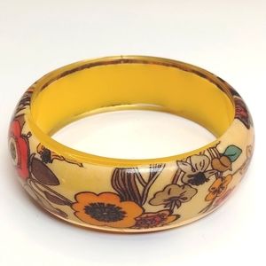 Vintage Lucite Chunky Floral Fabric Bangle Bracelet